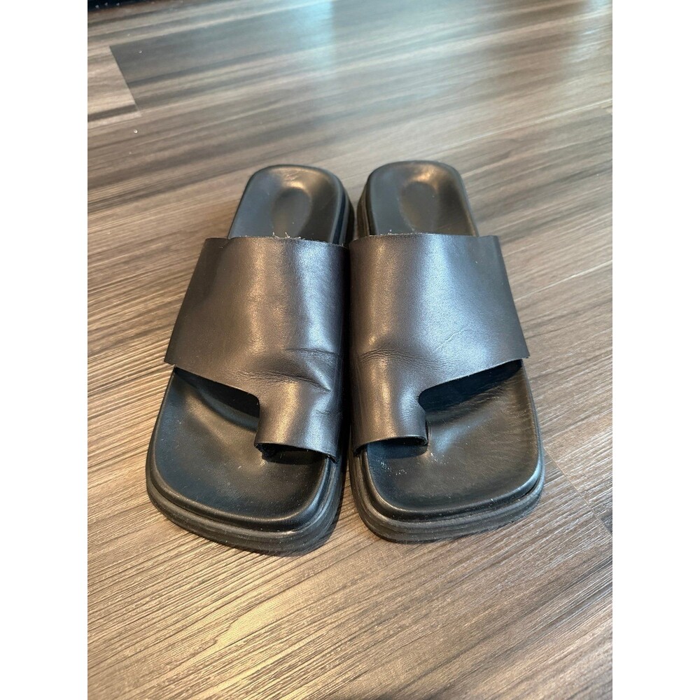 ALOHAS Black Leather Toe Ring Flop Slide Sandals Square Toe Flat Mules EU 39
